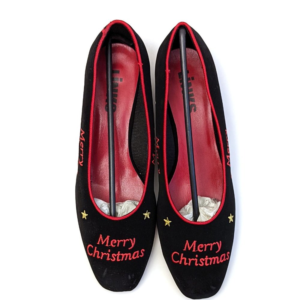Vintage LINKS Black Velvet Christmas Xmas Holiday Flat Heels Women's Size 8.5M - Picture 2 of 4